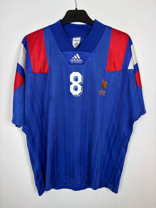 Vintage Adidas France 1992 home football shirt in royal blue with the Sauzee 8 nameset, size L, hand graded in Norway