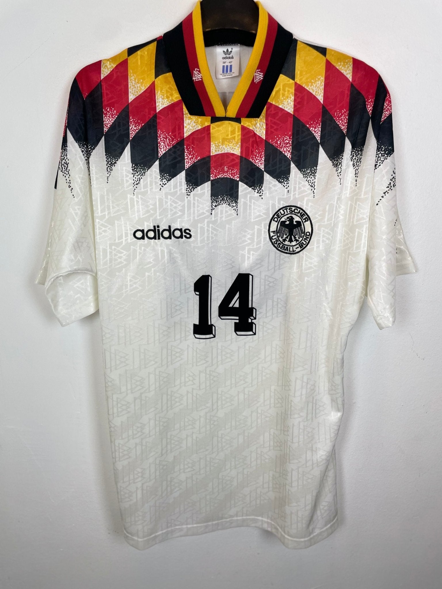 Vintage Adidas Germany 1994 home football shirt with the banded design and Berthold 14, genuine original football shirt