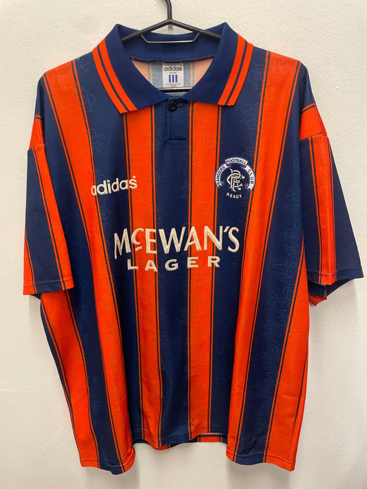 Vintage Adidas Rangers away football shirt from 1993/94 in white with Hateley 10 nameset, size XL, authentic football shirt