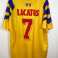 Front view of the retro Romania 1996 home shirt showing the badge and Adidas three stripes, shown in full front detail