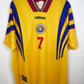 Vintage Adidas Romania 1996 home football shirt with the Lacatus 7 nameset and national crest, hand graded in Norway