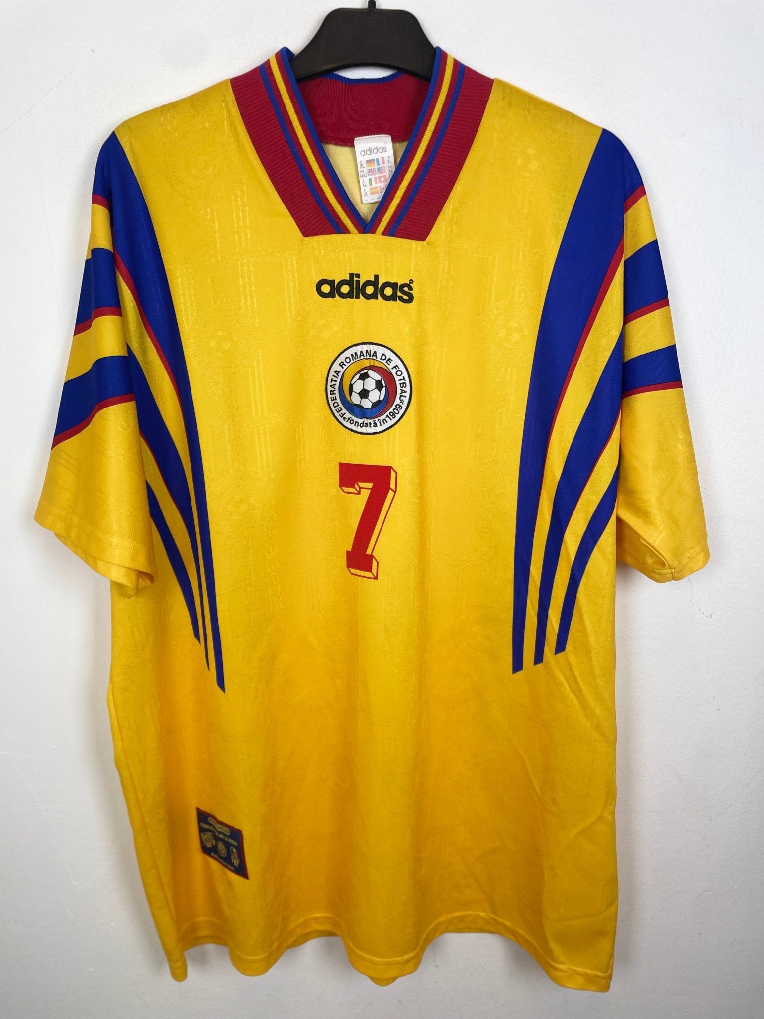 Vintage Adidas Romania 1996 home football shirt with the Lacatus 7 nameset and national crest, hand graded in Norway