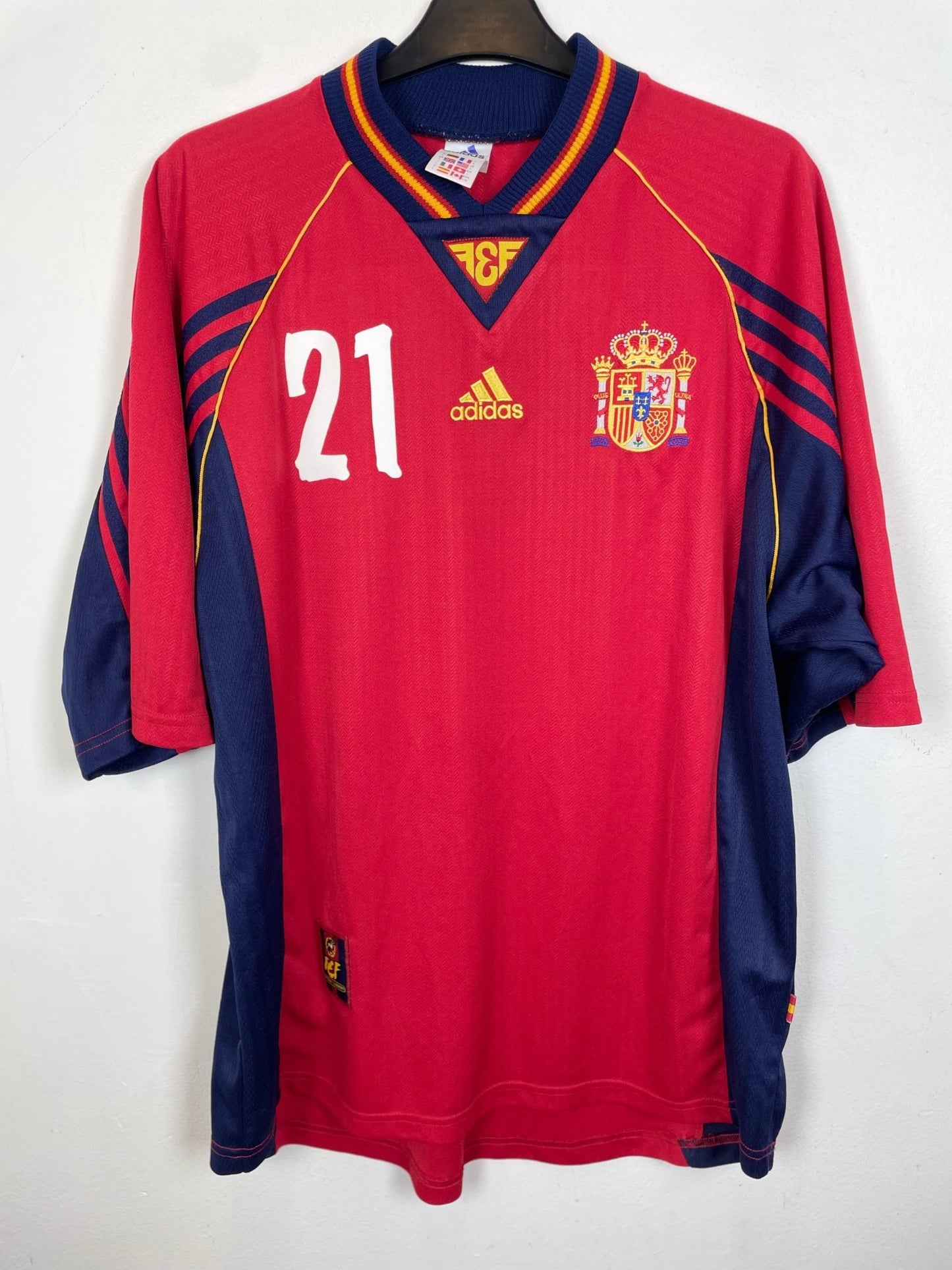 Vintage Adidas Spain 1998 home football shirt with the Luis Enrique 21 nameset, adult size L, genuine original football shirt