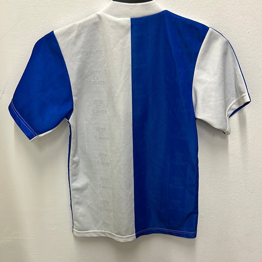 Back of vintage Blackburn Rovers 1996/98 Umbro home shirt without nameset, blue and white halves