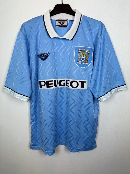 Vintage Coventry City home football shirt from 1994-96 in sky blue with Ndlovu 9 nameset, genuine original football shirt