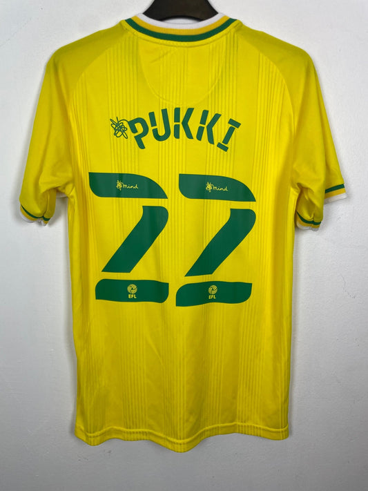 Front view of the Norwich City 20/21 home shirt showing the Canaries crest and Errea logo, shown in full front detail