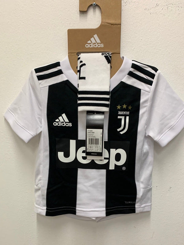 Front view of Juventus home mini kit 18/19 showing the club crest and Adidas three stripes