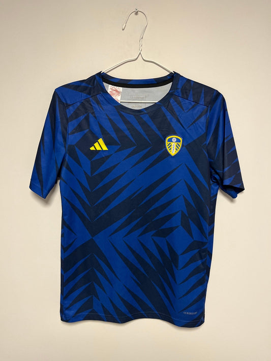 Official Adidas Leeds United 2024/25 pre-match shirt in kids size 13-14 years with crest, genuine original football shirt