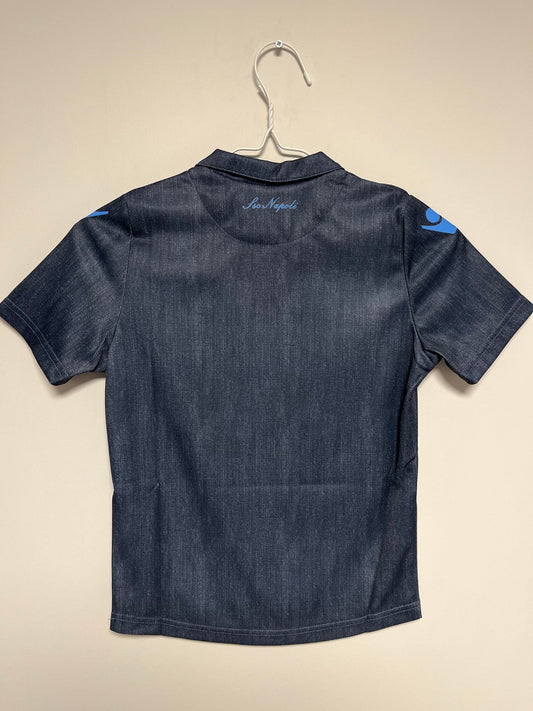 Front view of the Napoli 14/15 kids away shirt showing the Partenopei badge and sponsor, photographed at our Stavanger store