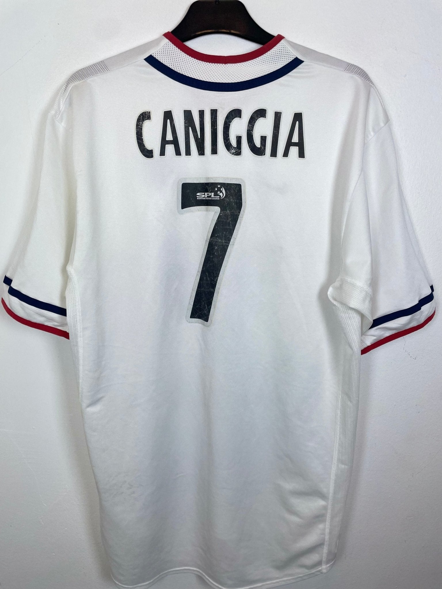 Front view of the Rangers 01/02 away shirt showing the club badge and Nike swoosh logo, photographed at our Stavanger store