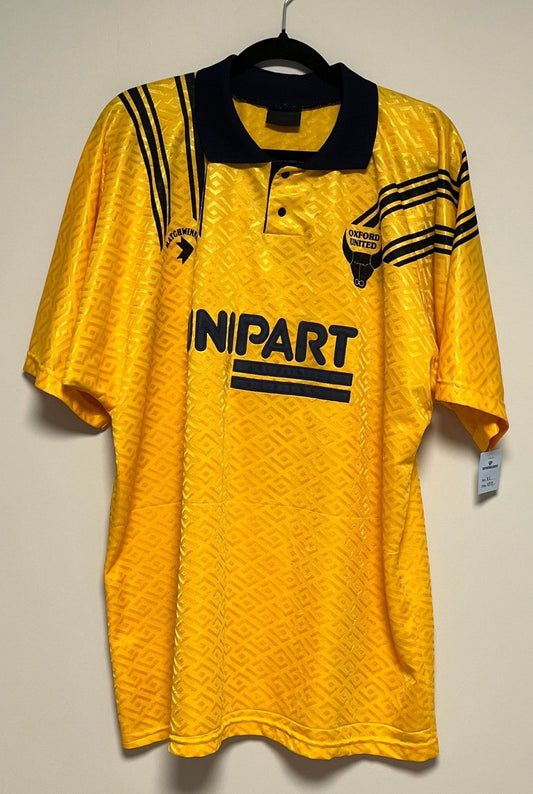 Vintage Oxford United home football shirt from 1992/93 in yellow with the club crest, size XL, hand graded in Norway