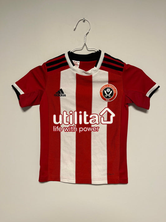 Official Sheffield United 2019/20 home shirt in red and white stripes, kids size 7-8 years, genuine original football shirt