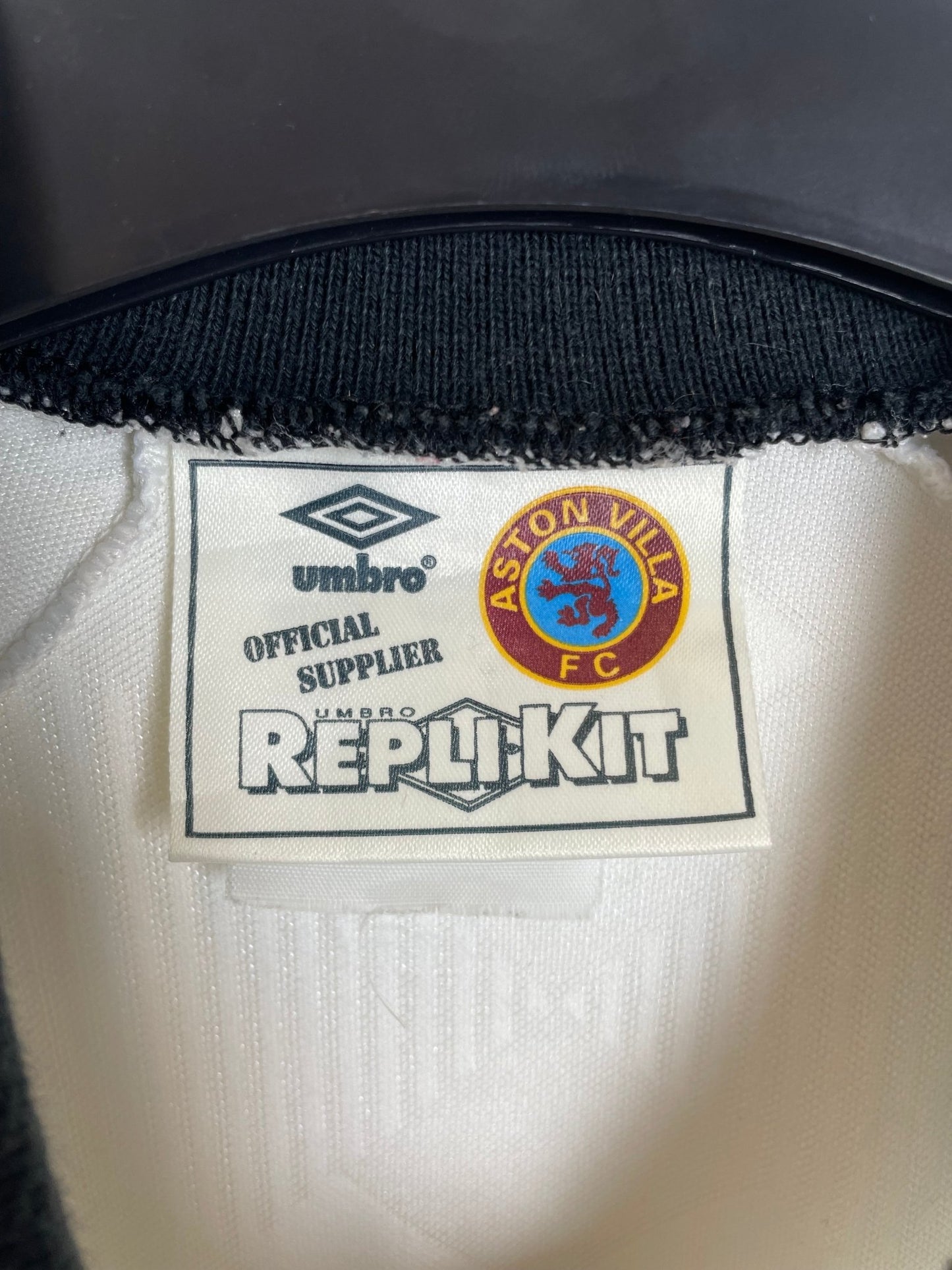Back of the vintage Aston Villa 1990-93 Umbro away football shirt without nameset, photographed against a plain background