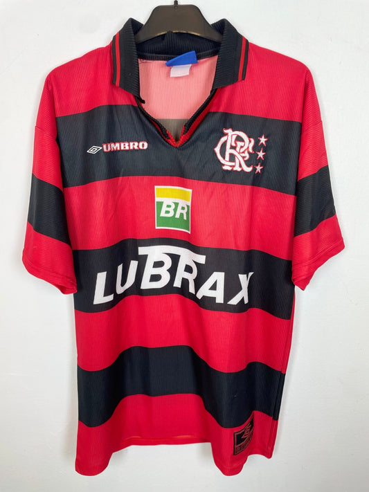 Vintage Umbro Flamengo 1999 home shirt in red and black hoops with number 10, adult size L, genuine original football shirt