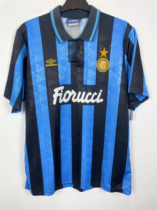 Vintage Umbro Inter Milan 1992/93 home shirt in black and blue with the Bergkamp 10 nameset, genuine original football shirt