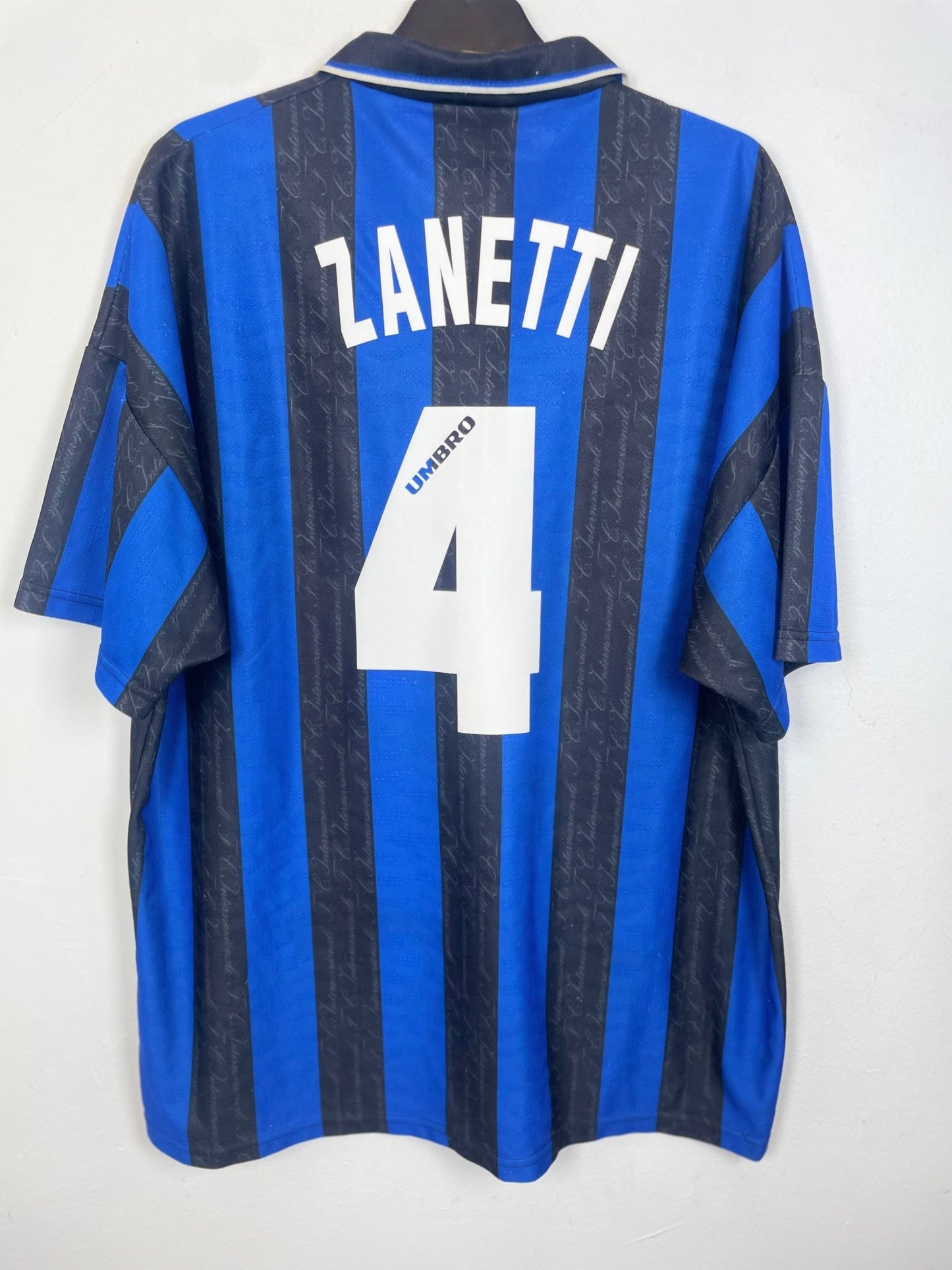 Front view of the retro Inter Milan 96/97 home shirt showing the crest and Umbro branding, shown in full front detail
