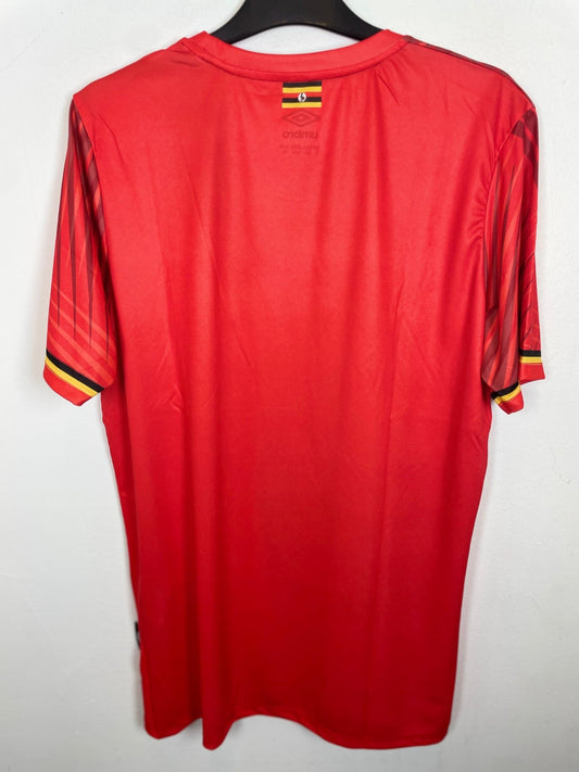 Front view of the Uganda 21/22 home shirt showing the Cranes badge and Umbro branding, photographed at our Stavanger store